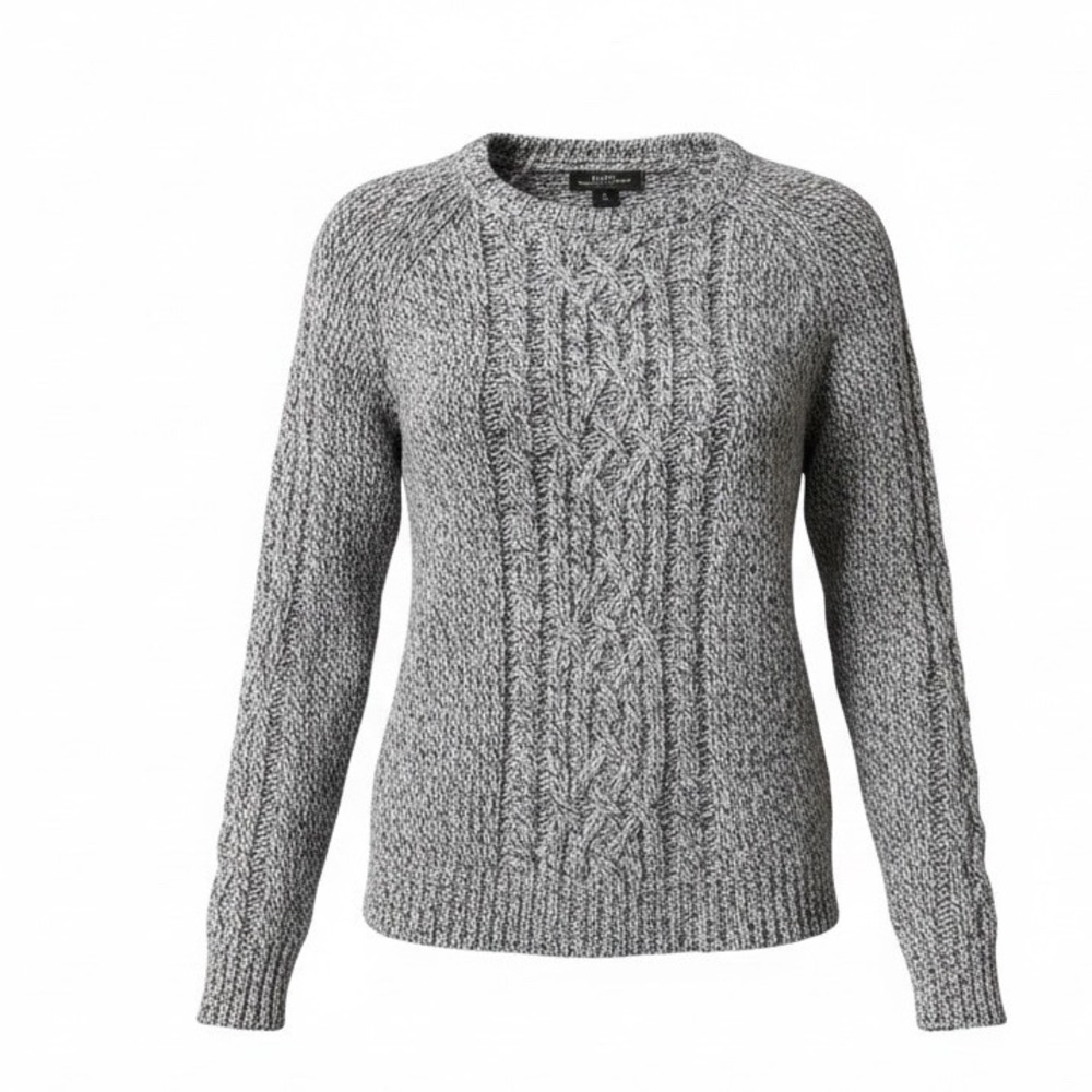Roots Canada Marled Cable Knit Sweater Black White Crew Neck Raglan Medium